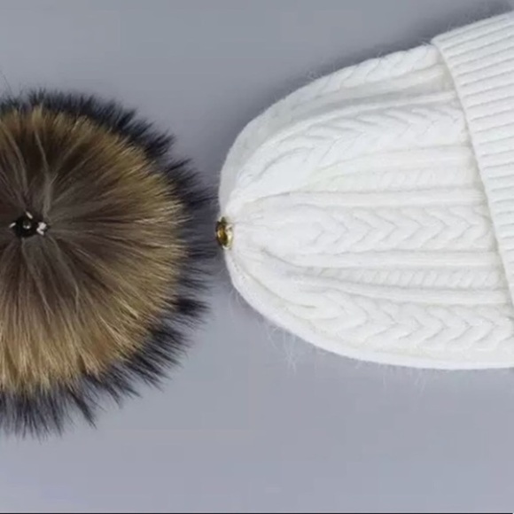 Wine Angora Fur Pompom Cable Knit Beanie - Picture 4 of 5